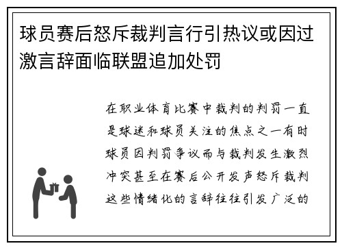 球员赛后怒斥裁判言行引热议或因过激言辞面临联盟追加处罚